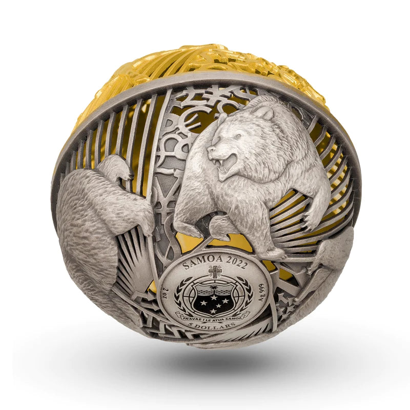 Bull And Bear 2 Oz Pure Silver Spherical Filigree Coin 2022 bull-and-bear-2-oz-pure-silver-spherical-filigree-coin-2022