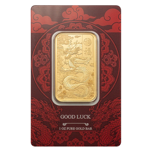 1 oz Gold Bar - PAMP Suisse - Good Luck Yellow Dragon - .9999 Au