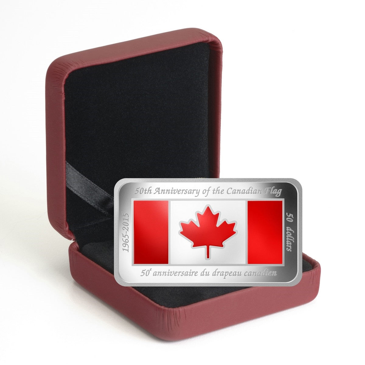 1.5 oz. Fine Silver Coloured Rectangular Coin - 50th Anniversary of the Canadian Flag - Mintage: 10,000