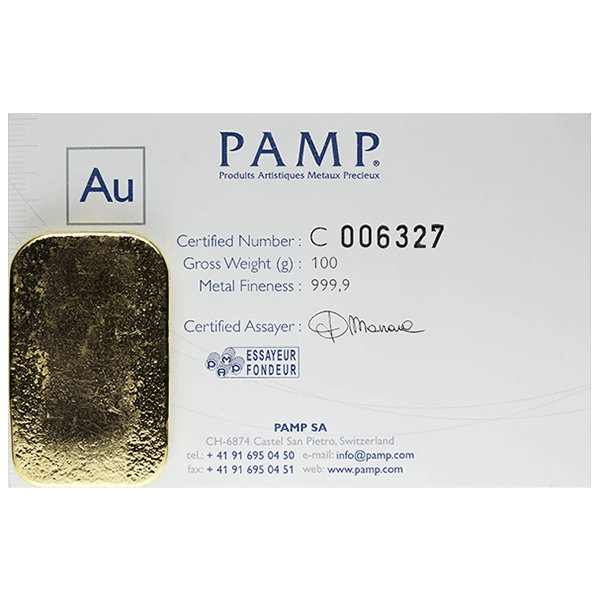 Buy 100 gram Gold Bar PAMP Suisse Cast Authentication Buy 100g Gold Cast Bar