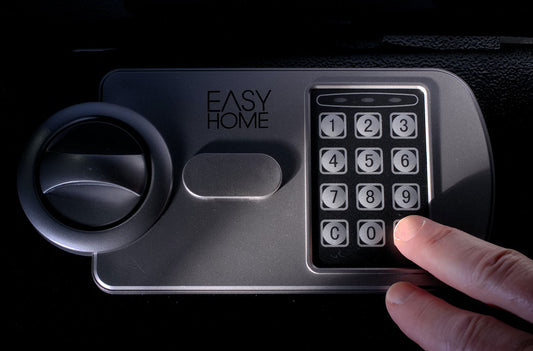 A digital lock on a secure home safe