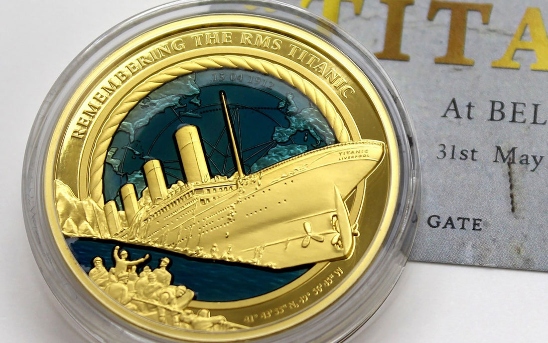 Close-up of a gold coin that portrays the sinking of the Titanic; the text reads, ‘Remembering the RMS Titanic