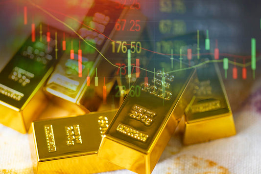 Stock ticker over large gold bars