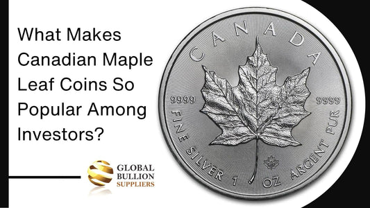 Close-up of a Canadian Silver Maple Leaf coin with detailed engravings. The text discusses why these coins are popular among investors, featuring the Global Bullion Suppliers logo.