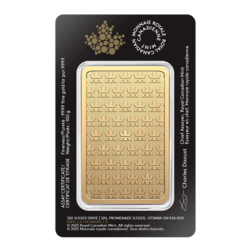 100 Gram Gold Minted Bar -  2025 RCM - Royal Canadian Mint .9999 Au