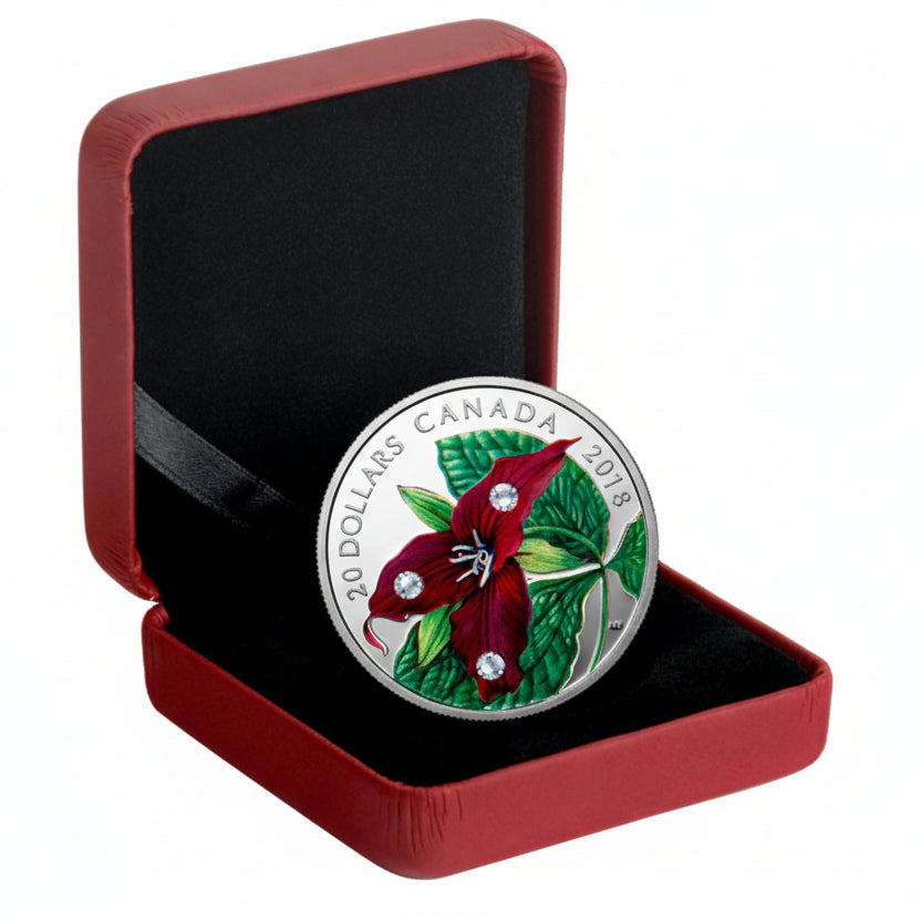 1 oz Fine Silver Coin - Red Trillium with Swarovski Crystal Dew Drop Elements (2014)