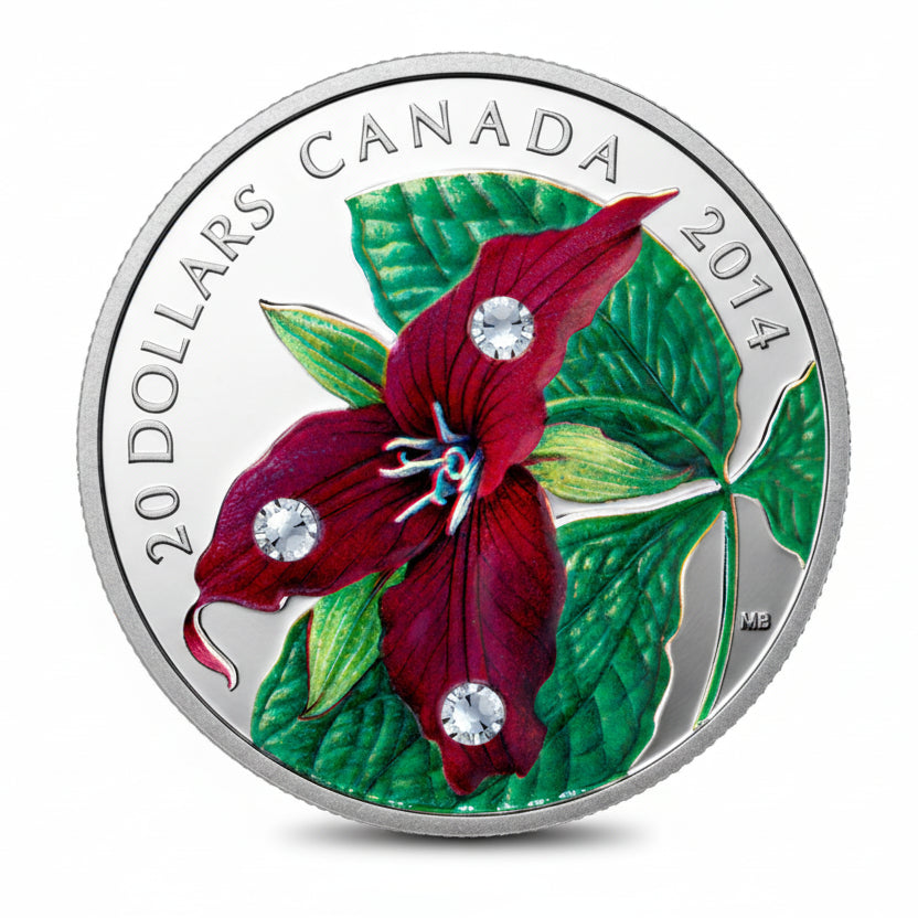 1 oz Fine Silver Coin - Red Trillium with Swarovski Crystal Dew Drop Elements (2014)