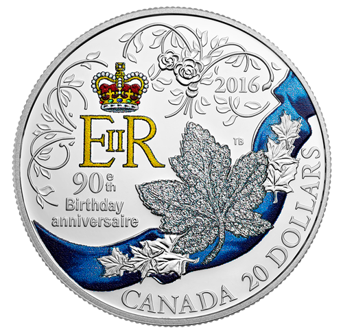 1 oz. Fine Silver Coloured Coin - A Celebration of Her Majesty's 90th Birthday - Mintage: 7,000