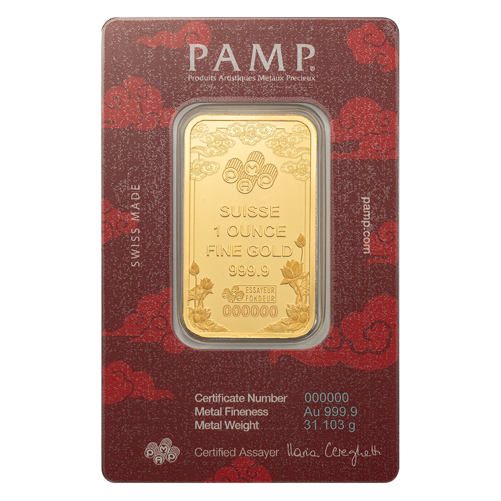 1 oz Gold Bar - PAMP Suisse - Good Luck Yellow Dragon - .9999 Au