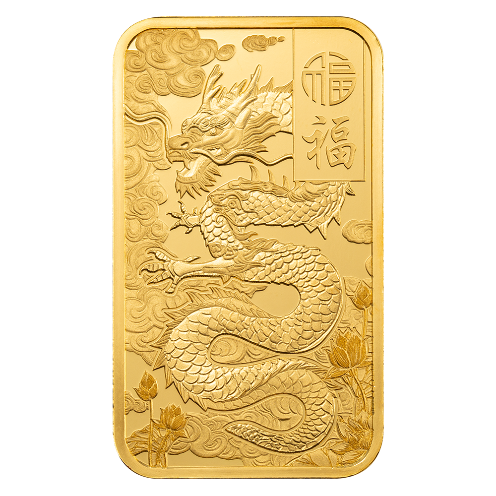 1 oz Gold Bar - PAMP Suisse - Good Luck Yellow Dragon - .9999 Au