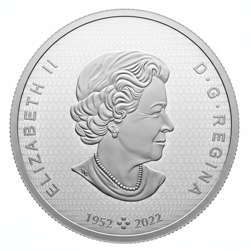 Silver coin with a portrait of a queen and text 'Elizabeth II D.G. Regina 1952-2022' on a white background