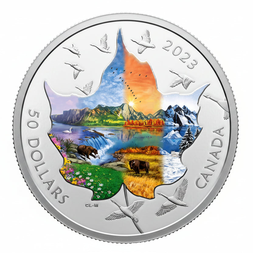 Silver coin with a scenic design of mountains, water, and wildlife, featuring the year 2023 and the value '50 Dollars'.