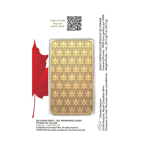 1 oz Gold Bar 2025 - Proudly Canadian Packaging - .9999 Au - Royal Canadian Mint