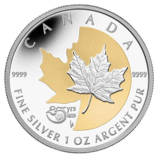1 oz 2013 $5 The Silver Maple Leaf, 25th Anniversary - Pure Silver Coin with Selective Gold Plating