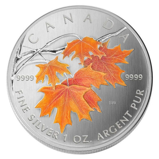 1 oz 2007 $5 Coloured Maple Leaf: Sugar Maple in Orange - Pure Silver Coin