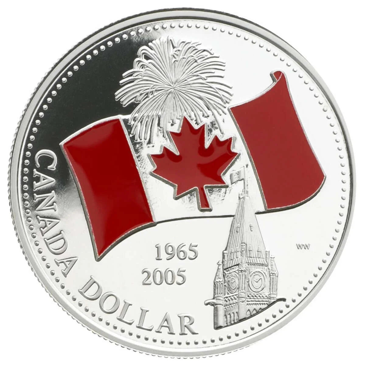 2005 $1 Canada's National Flag, 40th Anniversary - Enamelled Proof Pure Silver Coin