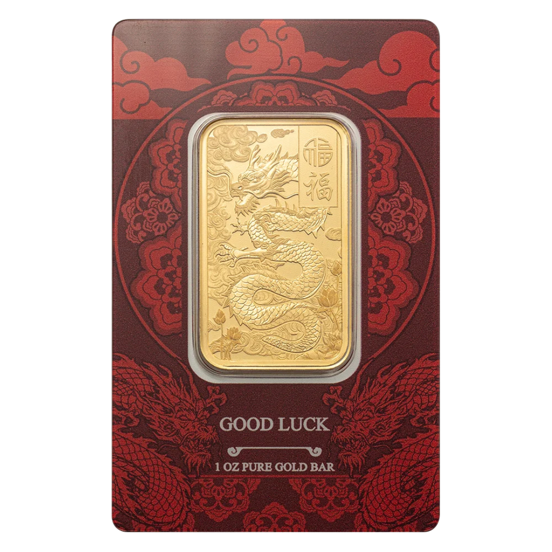 1 oz Gold Bar - PAMP Suisse - Good Luck Yellow Dragon - .9999 Au