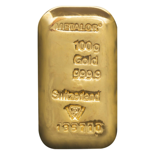 100 Gram Gold Cast Bar - Metalor - Switzerland .9999 Au