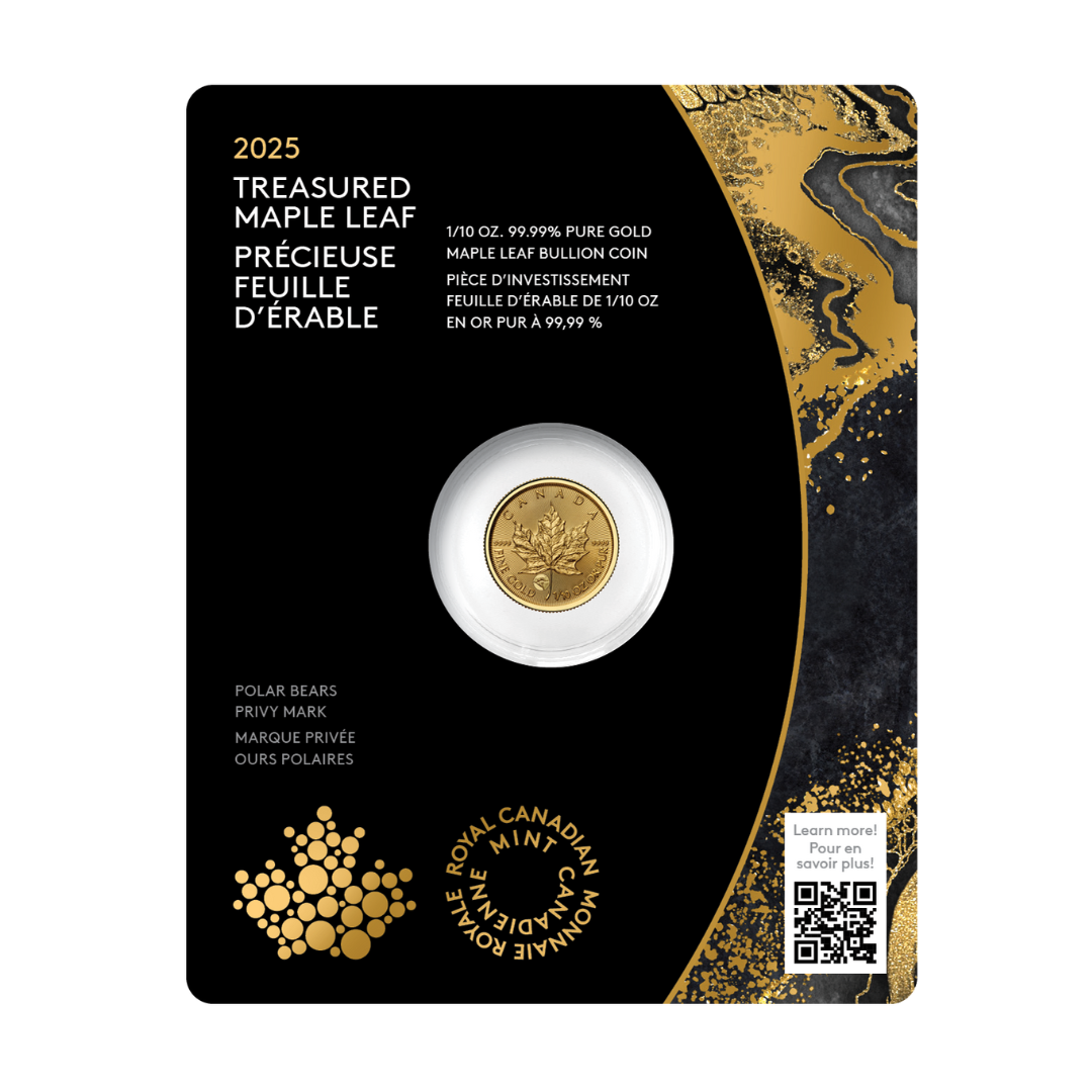 1/10 oz 2025 Treasured Gold Maple Leaf Coin - Polar Bear Privy Mark - Royal Canadian Mint .9999 Au