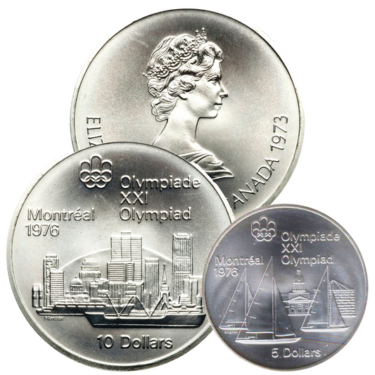 20 oz Montreal Olympics Silver Coins - 92.5% $10 & $5 Coins - 0.925 Ag