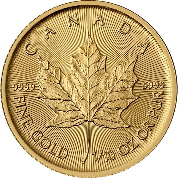 1/10 oz Gold Maple Leaf Coin - Random Year- Royal Canadian Mint - RCM .9999 Au