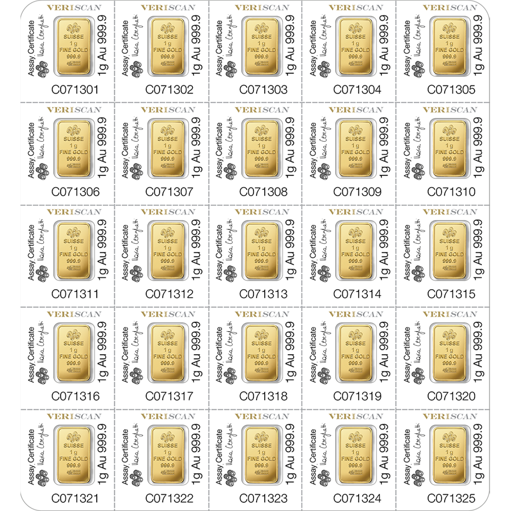 25g Gold Sheet Bar - 25x 1g Gold Bar - PAMP Suisse - .9999 Au