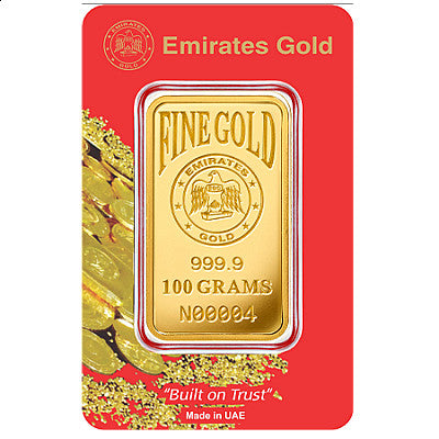100 Gram Gold Minted Bar - Emirates Mint - Certificate of Authenticity - .9999 Au