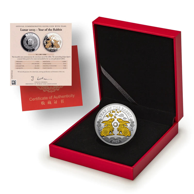 Lunar Year of the Rabbit - 1 oz. Pure Silver Coin With Gold-Plating & Pearl Inlay (2023)
