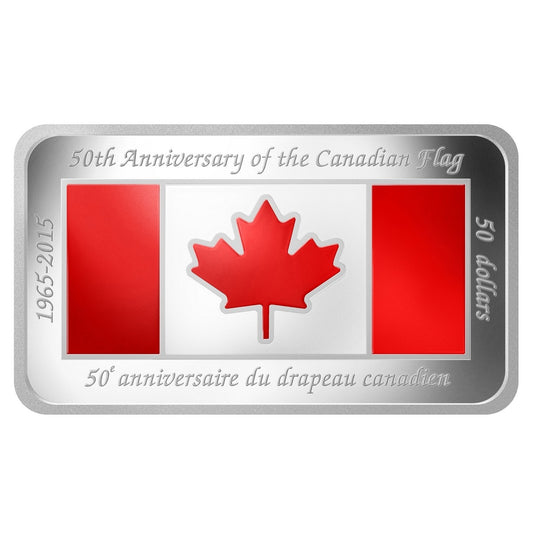 1.5 oz. Fine Silver Coloured Rectangular Coin - 50th Anniversary of the Canadian Flag - Mintage: 10,000