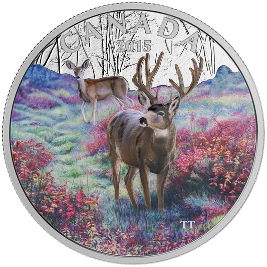 1 oz. Fine Silver Coloured Coin – Misty Morning Mule Deer – Mintage: 6,500 (2015)
