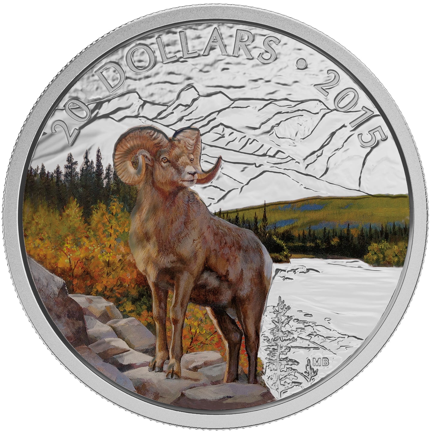 Bighorn Sheep - Majestic Animal - 2015 Canada 1 oz Pure Silver Coloured Coin - Royal Canadian Mint