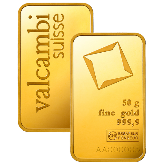 50 g Gold Bar - Valcambi Suisse - Minted - 50g Gold Bar - .9999 Au