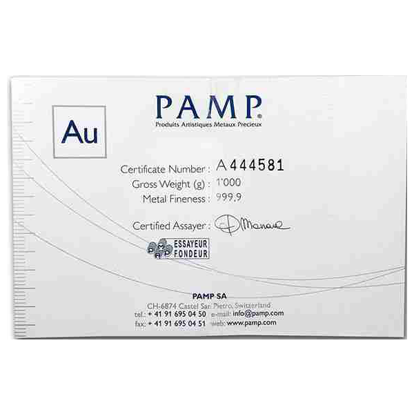 Buy 1 kilo Gold Bar PAMP Suisse Cast Authentication Certificate Buy 1 kilogram Gold Cast Bar