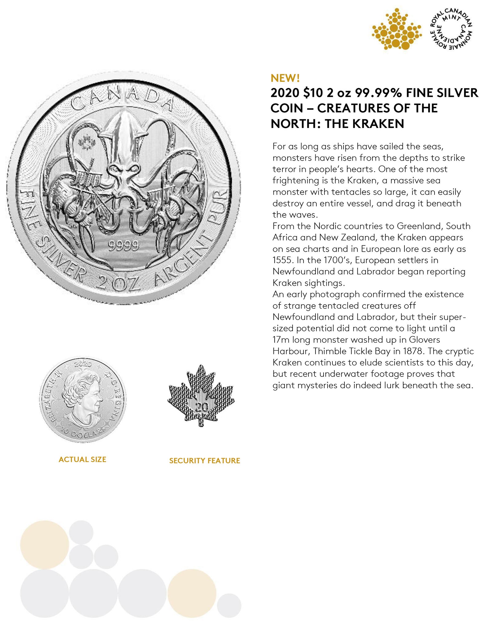 BUY 2 oz 2020 Canadian Silver KRAKEN Coin - Creatures of the North RCM Series - .9999 AG - Royal Canadian Mint