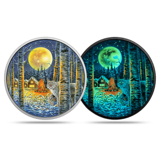 Lynx - Animals In The Moonlight - 2017 Canada 2 oz Pure Silver Coin Glow In The Dark - Royal Canadian Mint