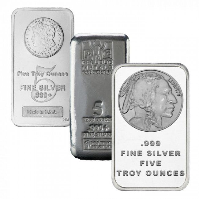 Buy Cheap Silver - Buy 5 oz Fine Silver Coin/Round/Bar - Pre Owned .999+ Ag - Our Choice of Product - LBMA OR Non-LBMA